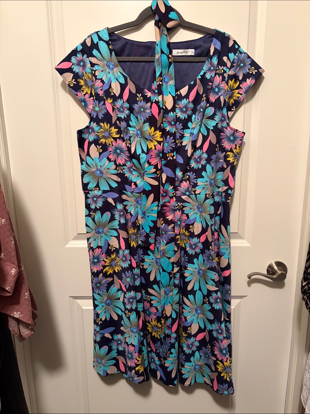 Floral Cap-Sleeve Midi Dress in Navy with Teal & Pink Bloom